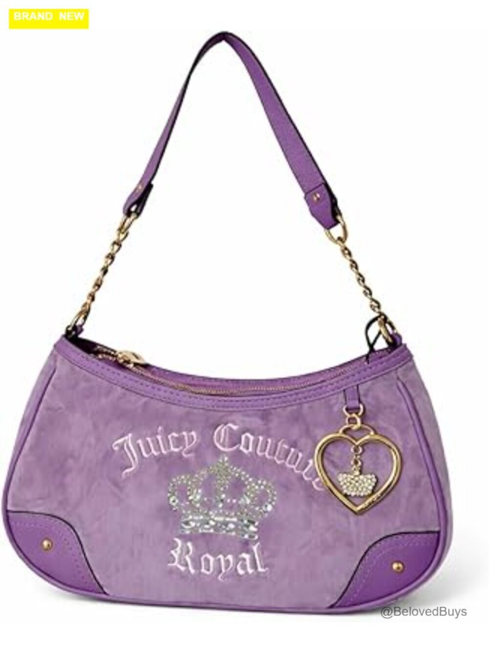Suede Style Shoulder Bag with Chain Strap, Crown Embroidered, Hobo Design, Zip